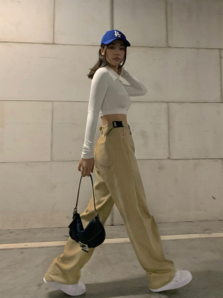 Title 7, Loose High Waist Khaki Straight Wide-leg Slacks