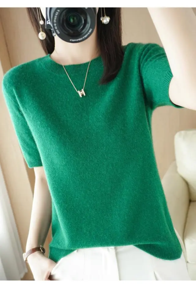 Knitted Short sleeved Loose T shirt Inner Sweater Emerald - Shop at LoveMi