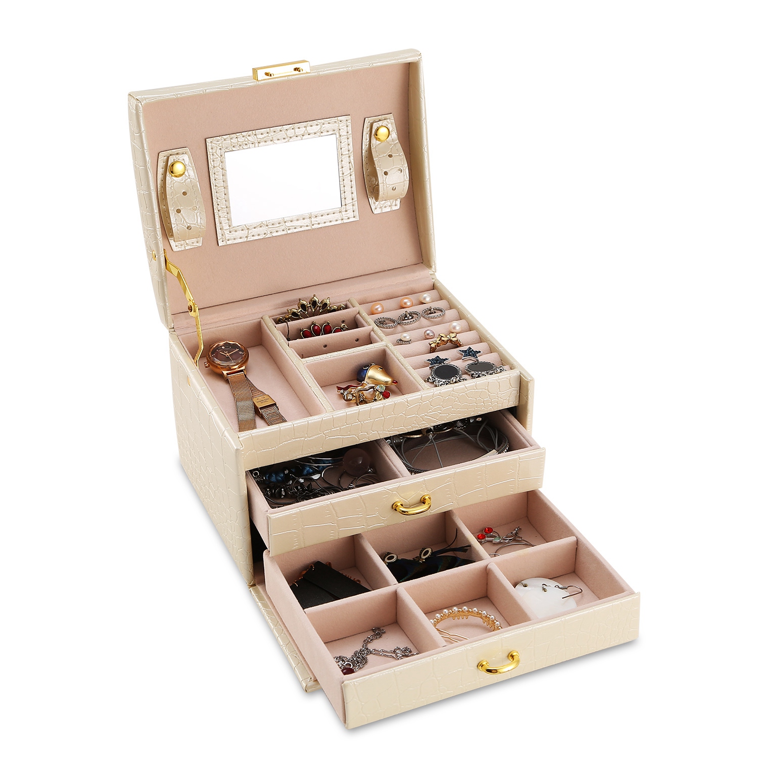 1Pc Jewelry Case Organizer 3-layer Lockable Travel Jewelry Box PU Leather Storage Display Case With Mirror Protective For Bracelets Earrings Rings Necklaces