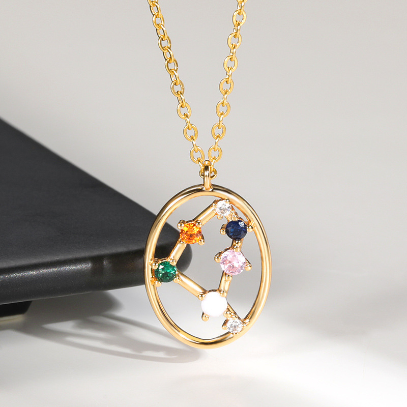 Twelve Constellation Colored Zircon Hollow Necklace