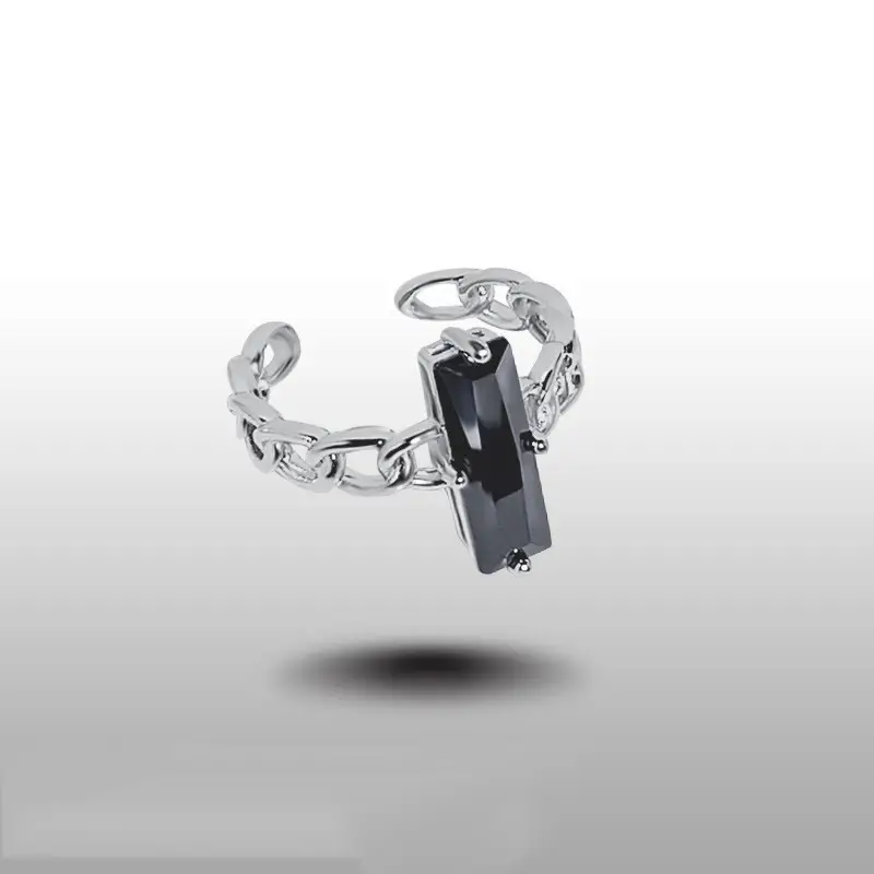 Women's Black Rectangular Zircon Ring