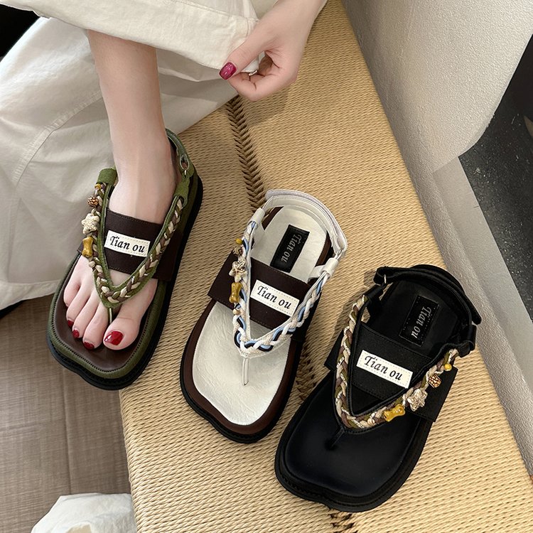 Women Boho Beaded Woven Strap Platform Flip Flops, Color Block Magic Tape Sandals, 2026 New Summer Fashion Shoes