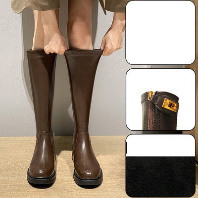 Fashion Ladies Brown Long Barrel Plus Size Knight Boots