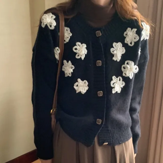 Round Neck Button Knitted Cardigan Coat For Women Black - Shop at LoveMi