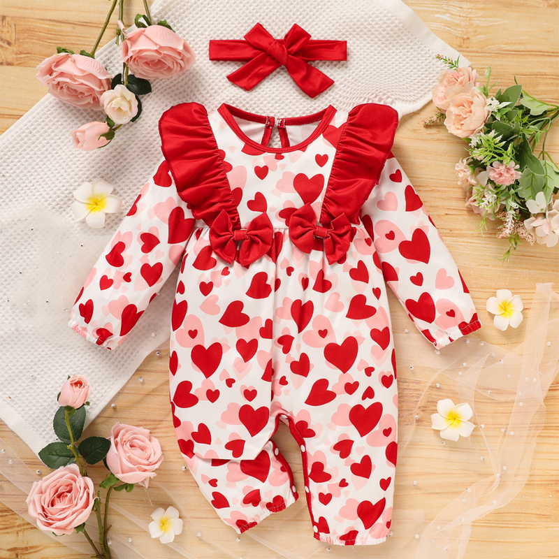 Baby Valentine's Day Romper, Heart Print Long Sleeve Bodysuit With Bow And Ruffle Trim