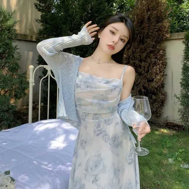 Ink Painting Suspender Dress Cardigan Light Blue Cardigan - Shop at LoveMi