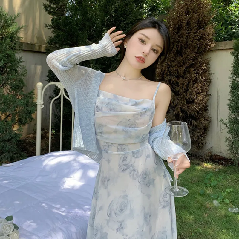 Ink Painting Suspender Dress Cardigan - Light Blue Cardigan