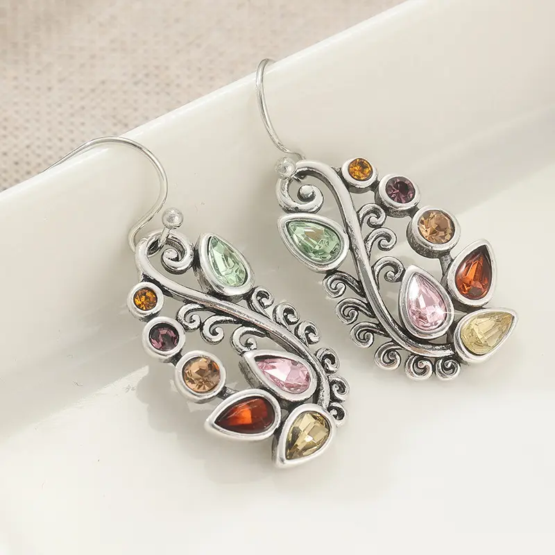 Vintage Colorful Crystal Leaf Drop Earrings Silver