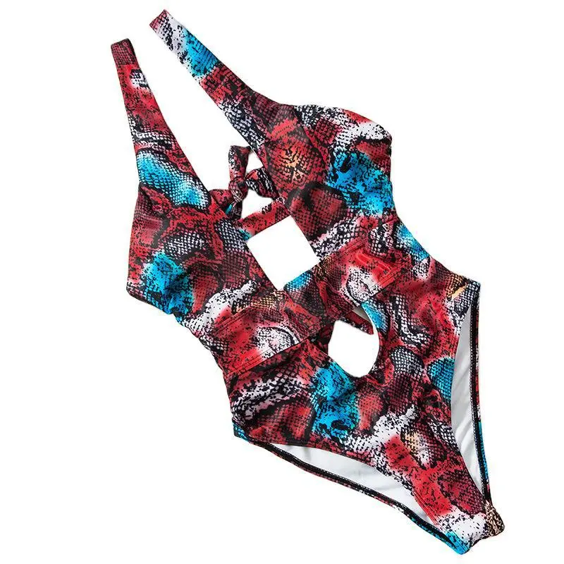 Bikini Snake Print One-piece Swimsuit - Red
