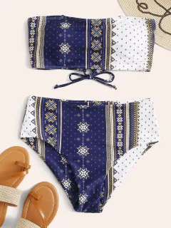 Women's Printed Bikini Split Tie High Waist Swimsuit - Navy - View 1