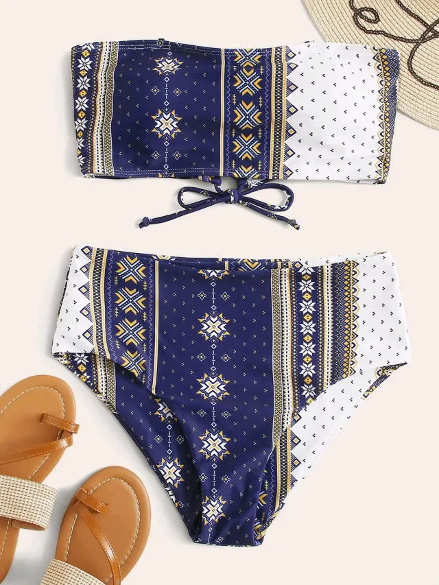 Women's Printed Bikini Split Tie High Waist Swimsuit Navy - Shop at LoveMi