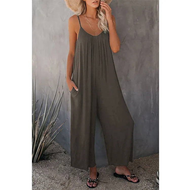 Summer New Solid Color Slip Pocket Casual Jumpsuit - Grey