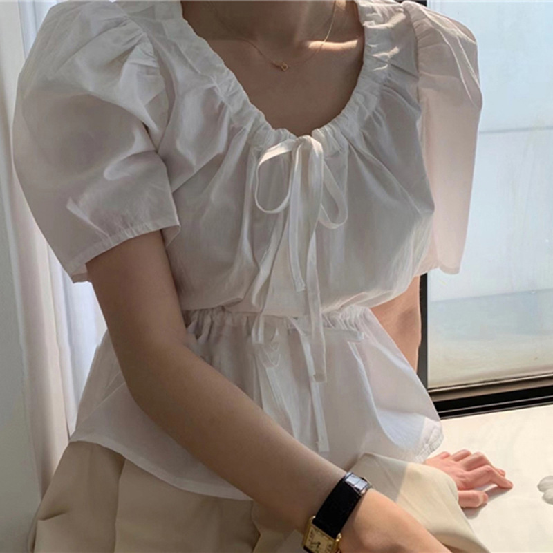 Elegant Puff Sleeve Pleated Drawstring Shirt