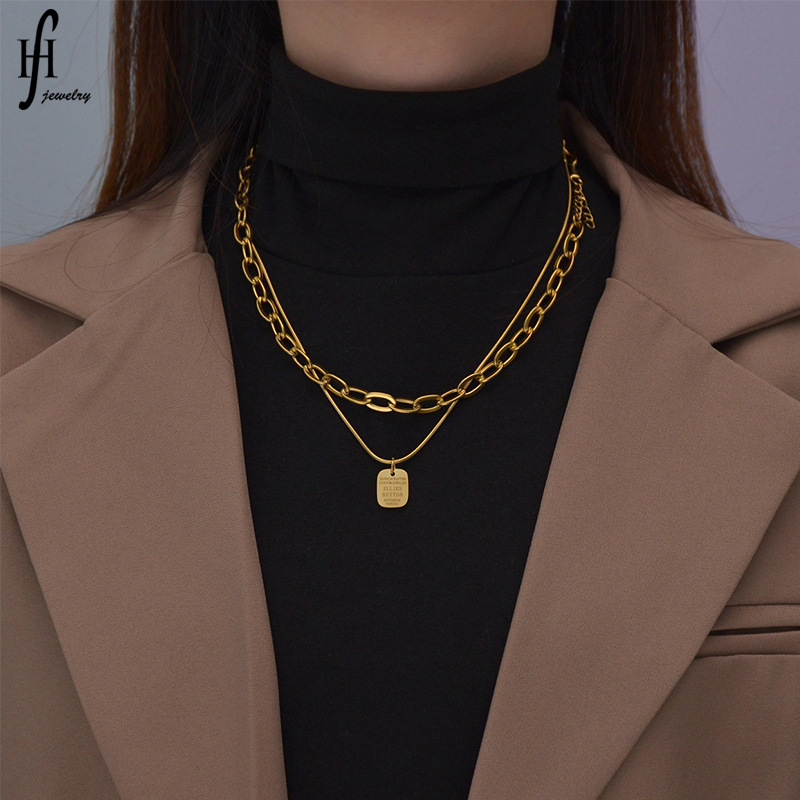 Stainless Steel Layered Oval Link Tag Pendant Necklace For Women