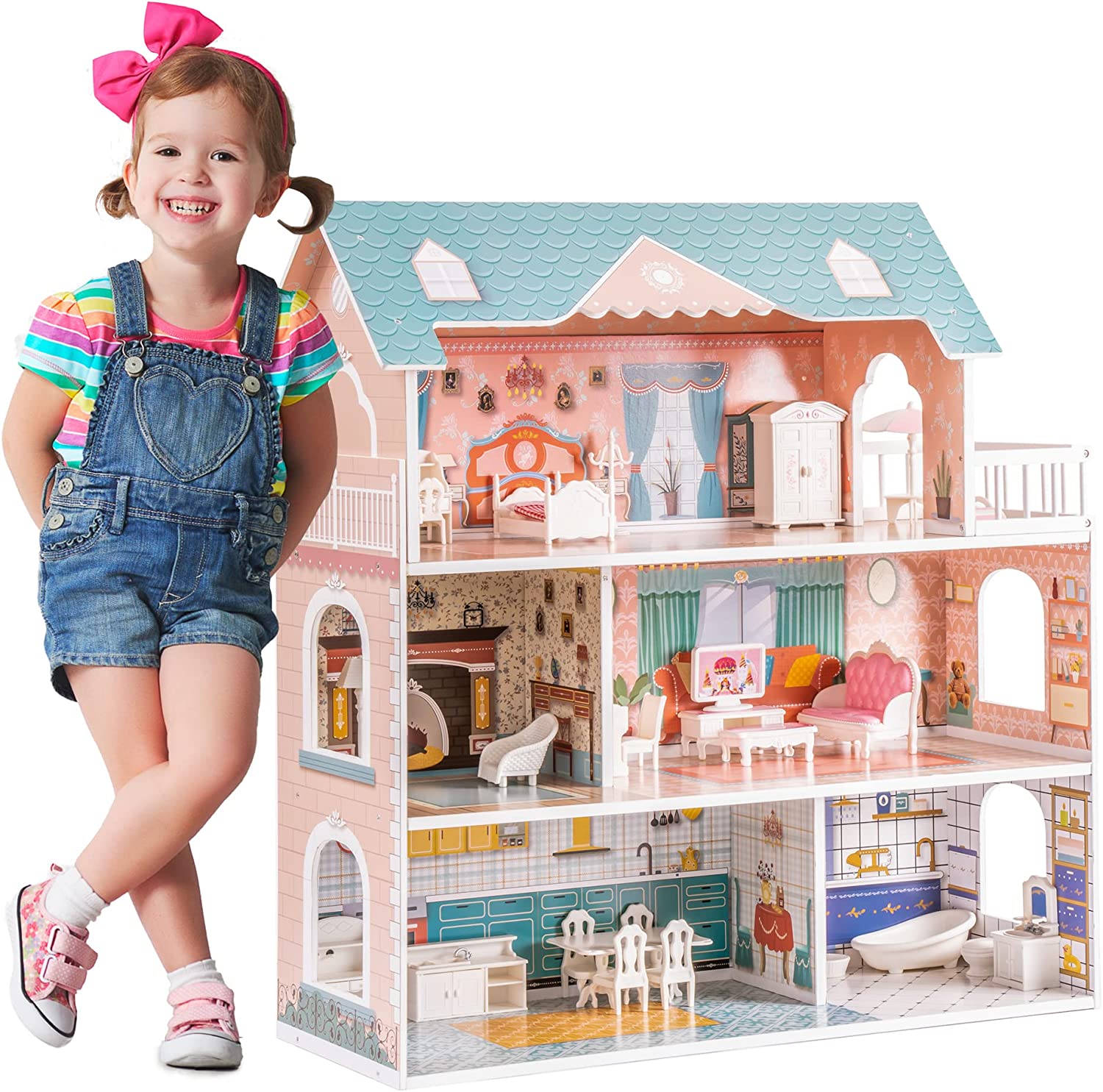 Wooden Dollhouse For Kids Girls Toy Gift. Features: Dreamhouse Dollhouse with Furniture & Accessories Features, Girl's dream dollhouse-Realistic Design and fun game experience, The interior is very colorful and illustrated with much detail, Sturdy and dur