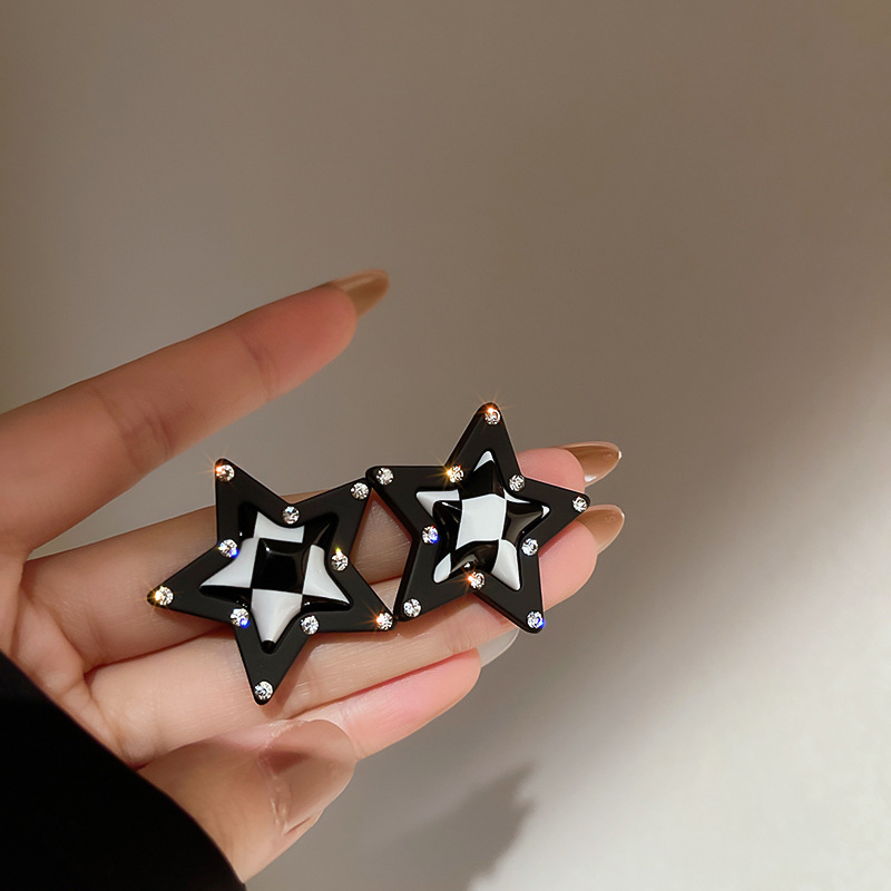 Silver Post Diamond Love Bear Earrings Black And White