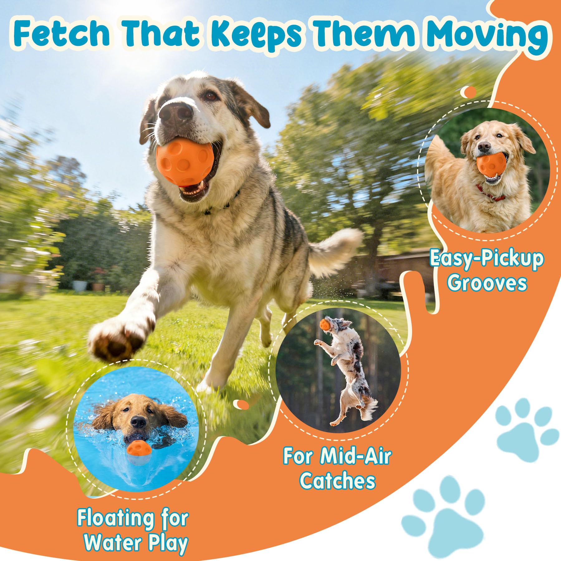 3 Pack Dog Balls For Medium & Large Dogs - High Bounce & Floating Fetch Balls, Interactive Outdoor Toys With Easy-Pickup Grooves, Bright Orange view 4