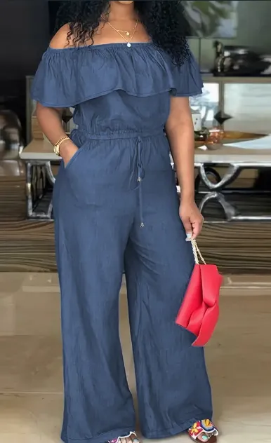 Solid Off Shoulder Tie Waist Jumpsuit Elegant Ruffle Trim Wide Leg Jumpsuit Women's Clothing - Navy Blue