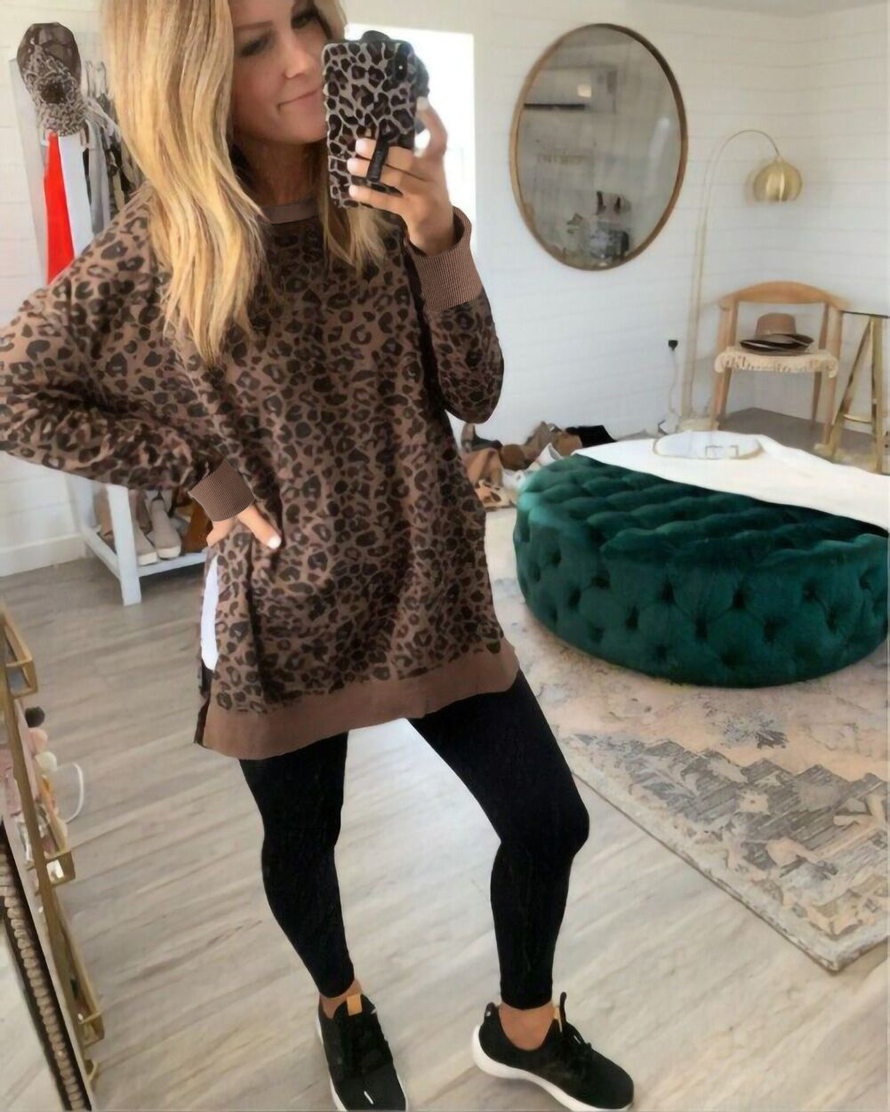 Title 3, Leopard print round neck irregular long-sleeved...