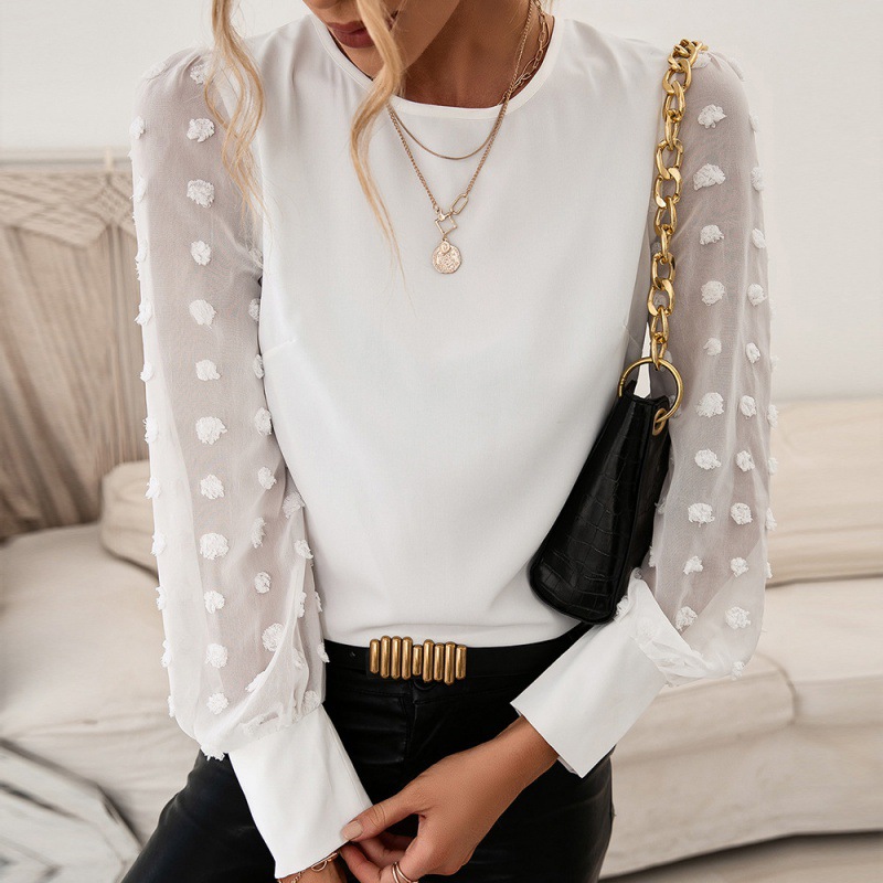 Round Neck Solid Jacquard Polka Dot Long-sleeved Shirt