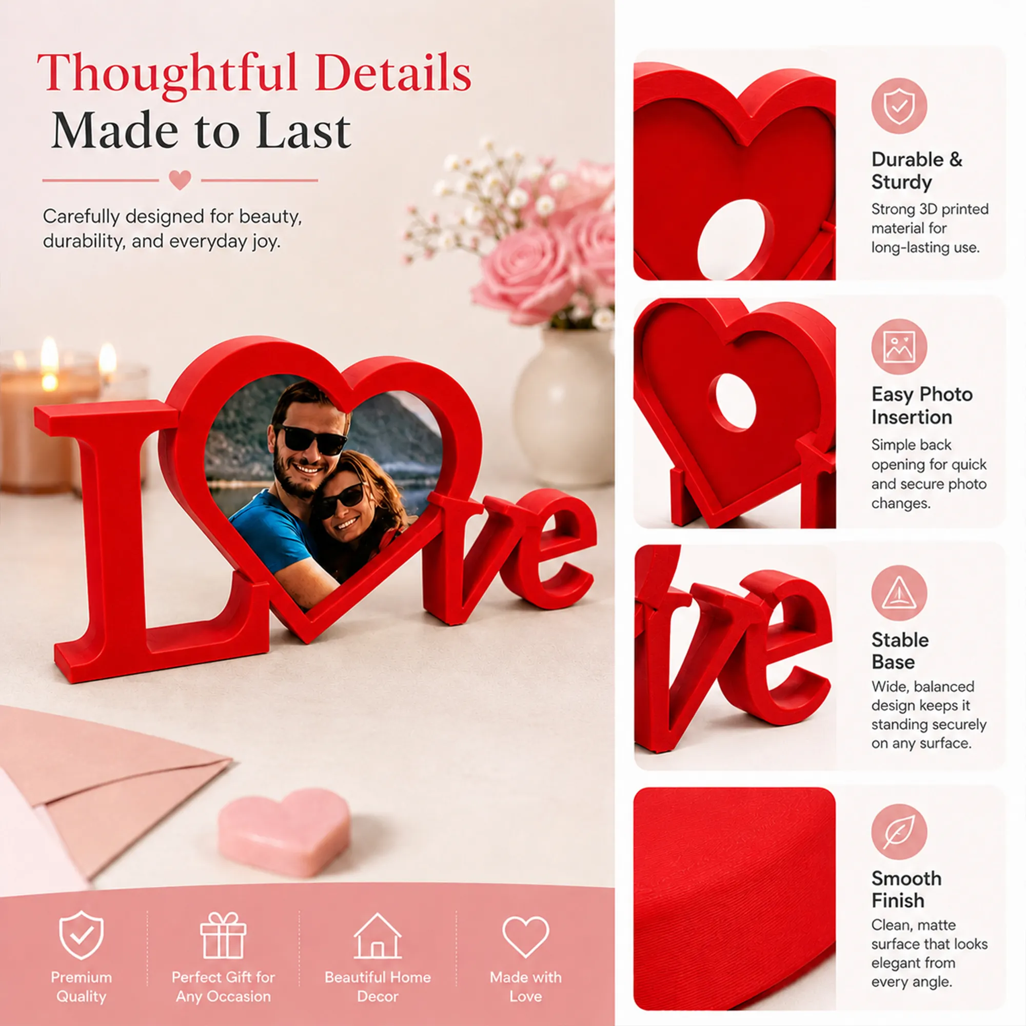 Love Heart Photo Frame Tabletop Decor, Freestanding