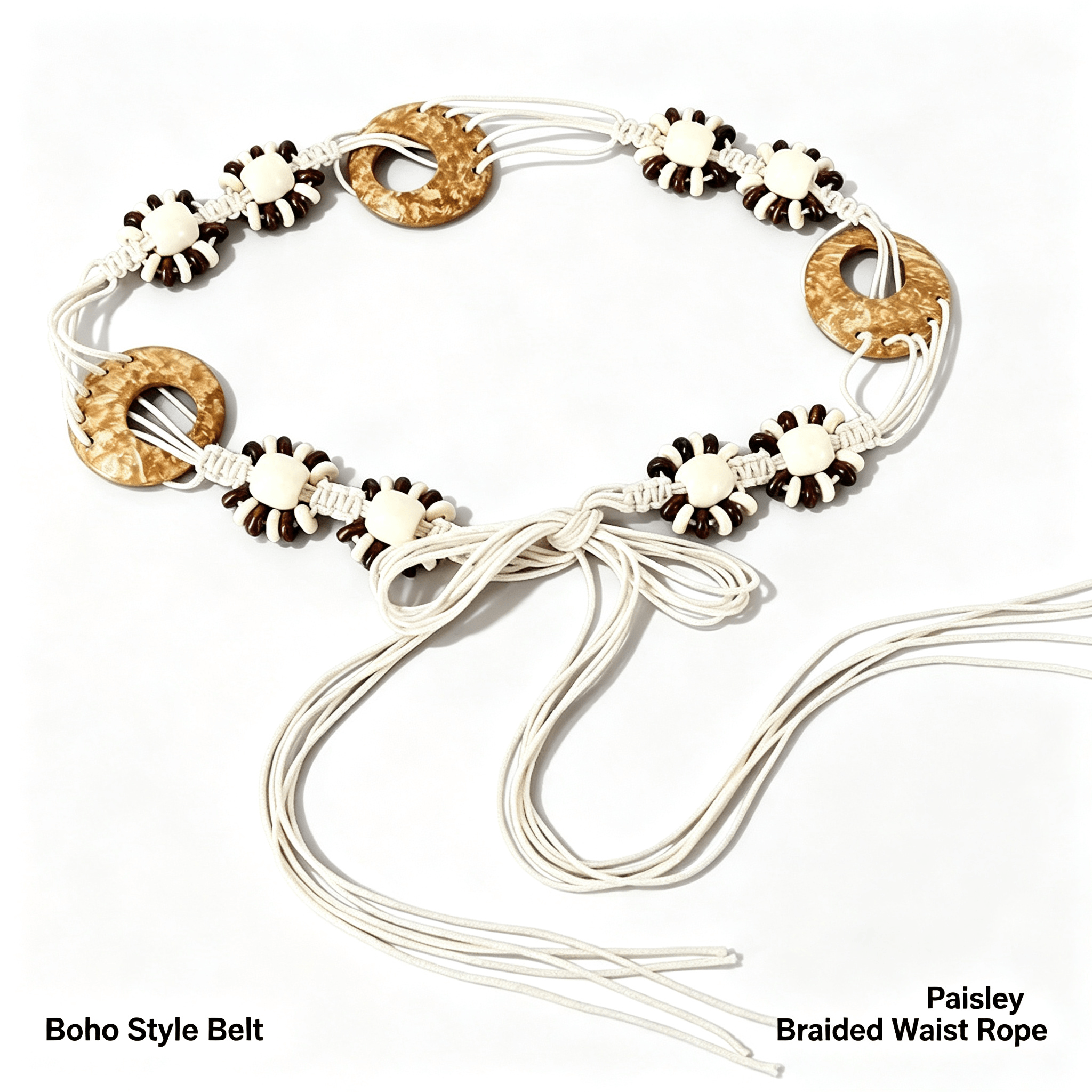 Boho Coconut Shell Beaded Waist Belt, White Hand Woven Adjustable Tie Waist Rope For Women Dress Jeans