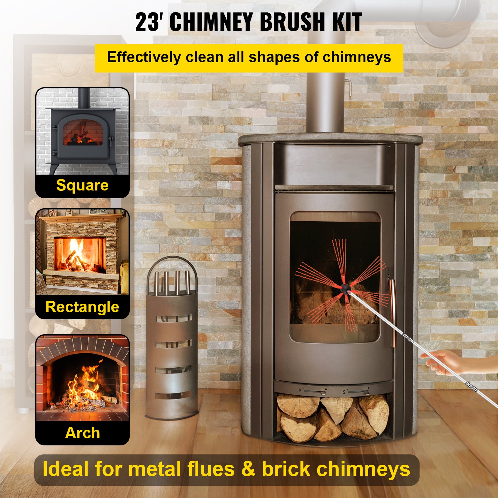 VEVOR Chimney Sweep Kit 23FT Length, Chimney Brush Kit With 7 Nylon Flexible Rods, Rotary Chimney Cleaning Kit Driven By Drill, Chimney Cleaning Tool Kits For Sweeping Fireplace Flue
