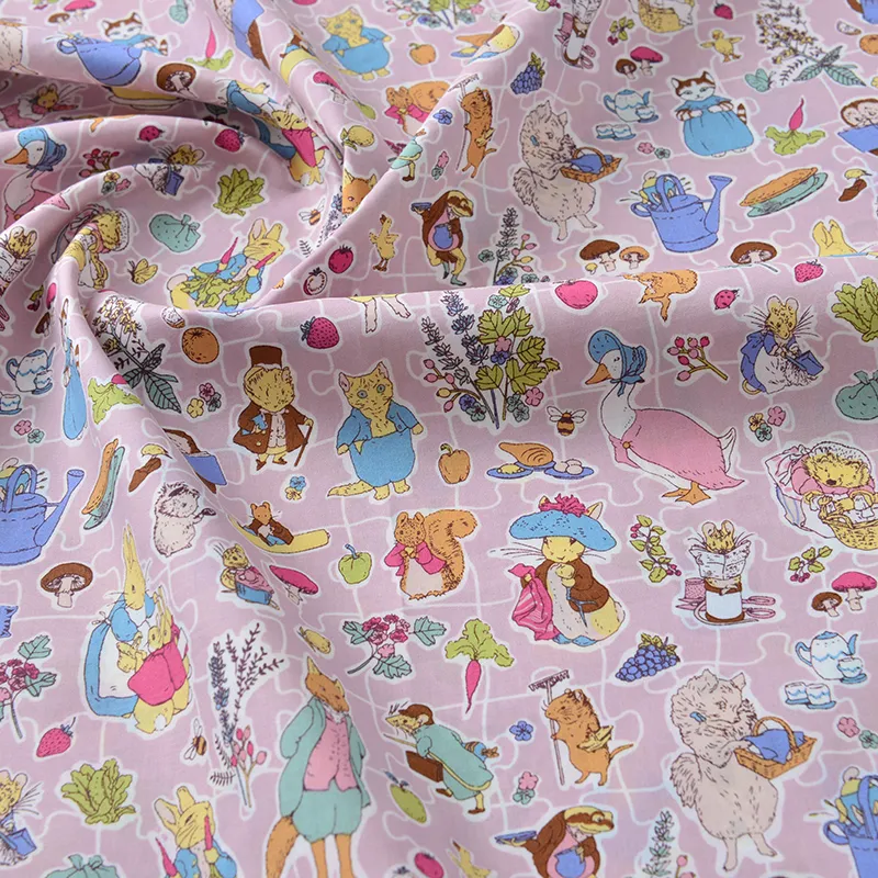 Summer Rabbit Illustration Cotton Fabric Cotton - Pink
