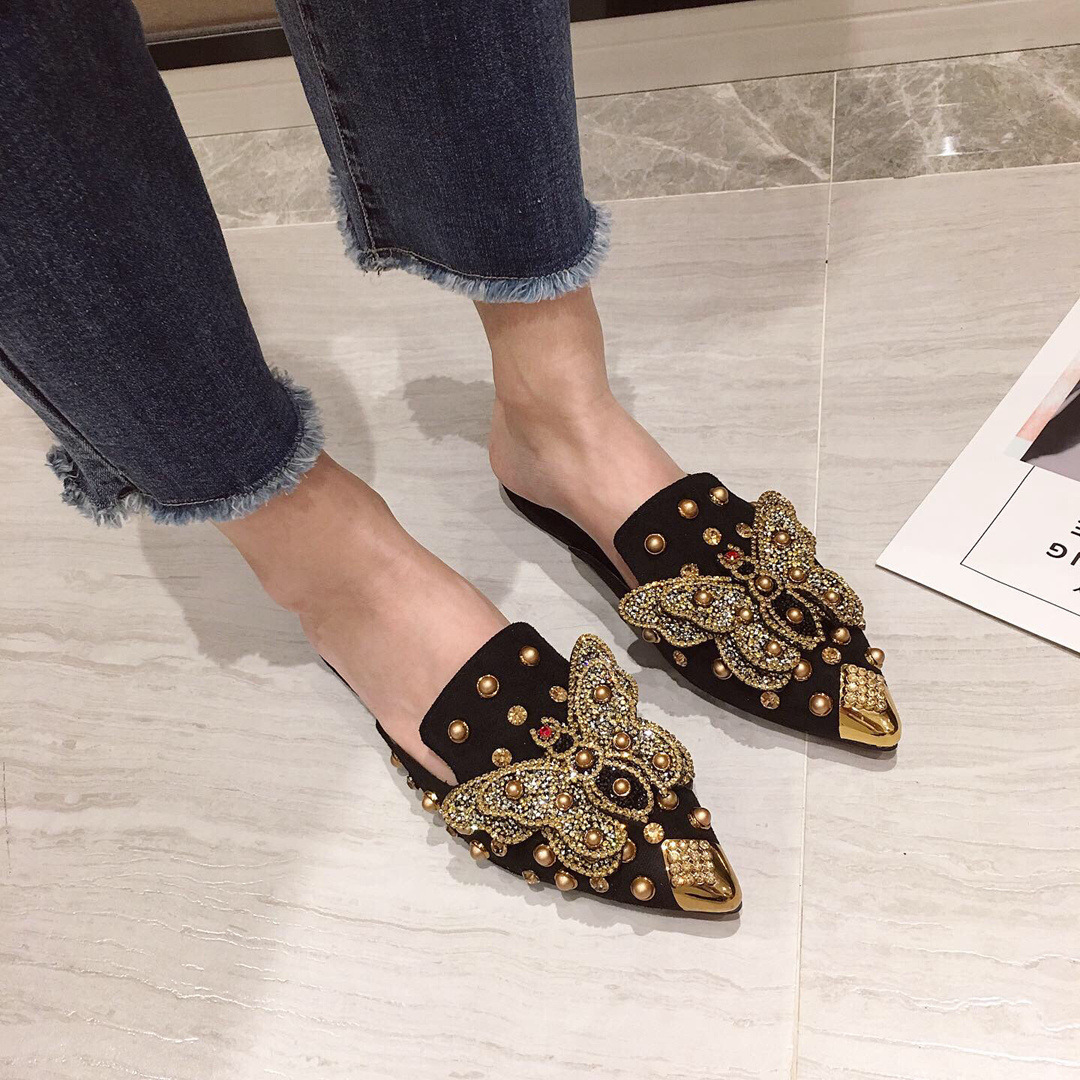 New Rhinestone Butterfly Pointed Baotou Lazy Slippers