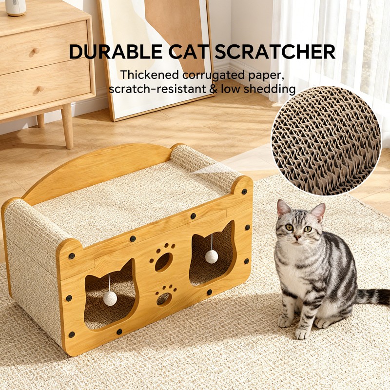 56cm Extra Large Chinese Style Double Door Cat Scratcher Sofa With Cat Head Design, With Free Catnip, For Cats Up To 20lbs