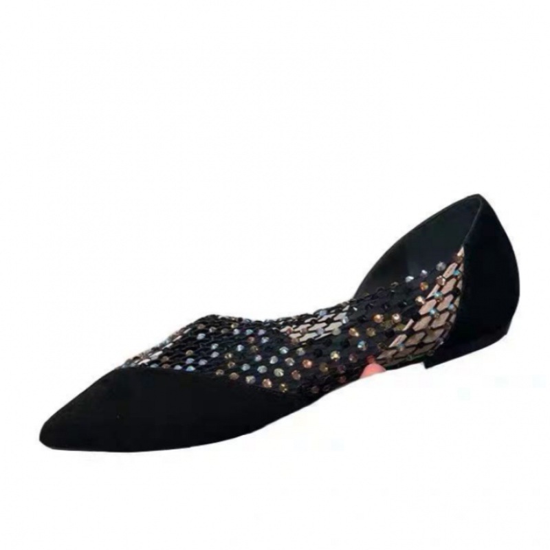 Sexy Side Hollow Flat Shoes Female Pointed Toe With Rhinestone Hollow Single Black - Shop at LoveMi