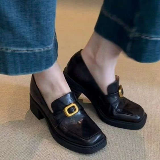 Women's Retro Leather Loafers, British Style, Slip-on, Metal Buckle, Block Heel Pumps