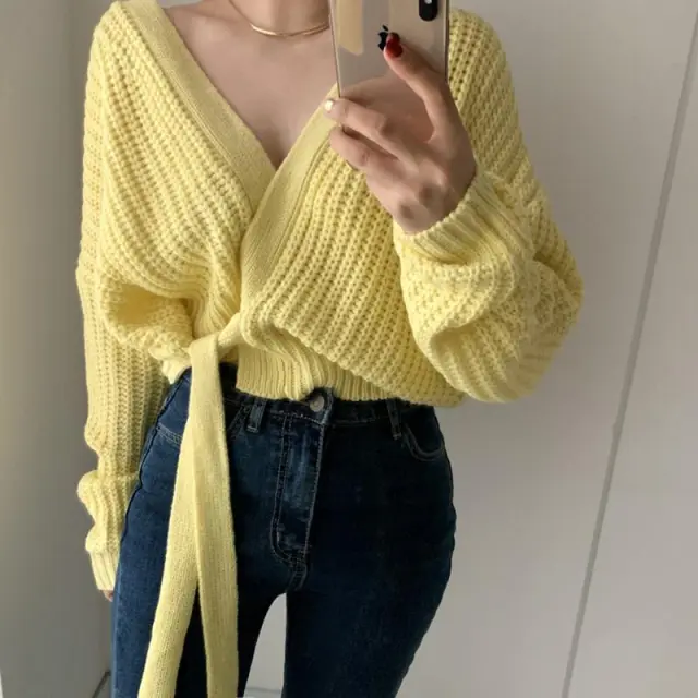 Lazy V neck Lace Up Taro Purple Coarse Needle Sweater Yellow - Shop at LoveMi