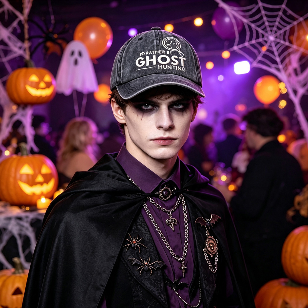 2pcs I'd Rather Be Ghost Hunting Embroidered Baseball Cap, Vintage Washed Distressed Hat, Halloween Ghost Hunter Costume Accessory