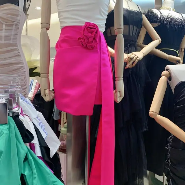 Solid Color Bag Hip Flower Streamer Skirt Rose Red - Shop at LoveMi