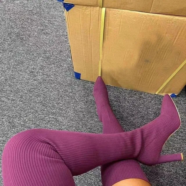 Over Knee Long Boots Pointed Toe High Heel Stretch Knitting Shoes Women Winter Boot Purple - Shop at LoveMi
