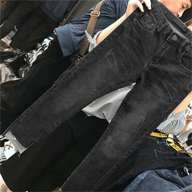 Korean Version Of Plus Size Jeans Women'S Plus Size Mm High Waist Stretch Slimming Straight-Leg Pants Nine-Point Pants - Blacka