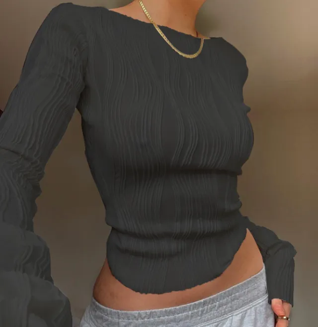Ruffled Texture Pullover Long Sleeve Round Neck Slim T shirt Female Hot Black - Shop at LoveMi