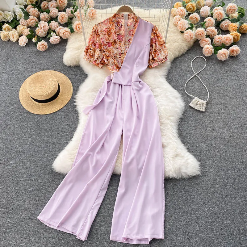 Fake Two Pieces Of Western Style V-neck High Waist Slimming Drape Wide-leg Jumpsuit Women - Purple