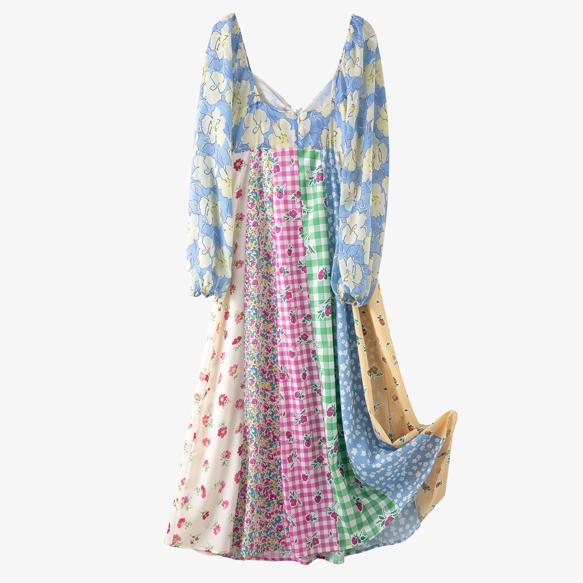 Contrast Stitching Printed Puff Sleeve Long Sleeve Dress