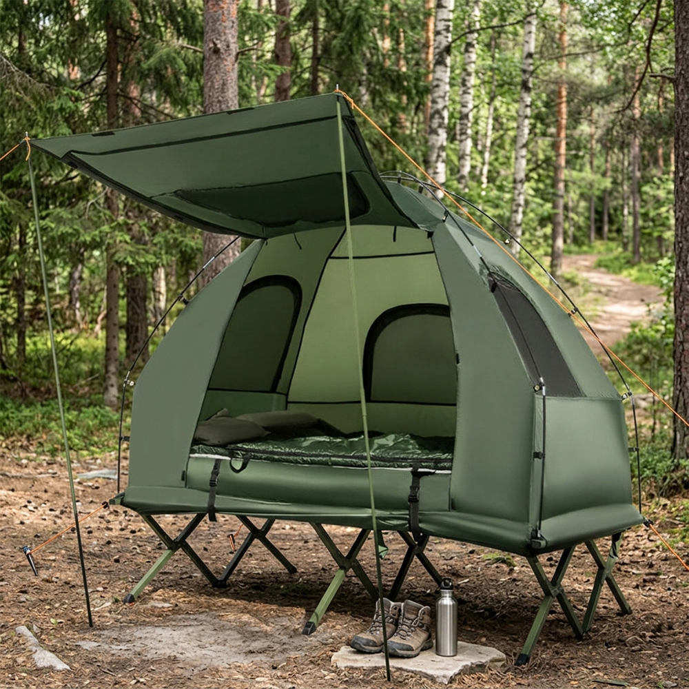 Foldable Outdoor Camping Tent Cot With Air Mattress And Sleeping Bag For Camping, Hiking, Fishing And Other Outdoor Activities
