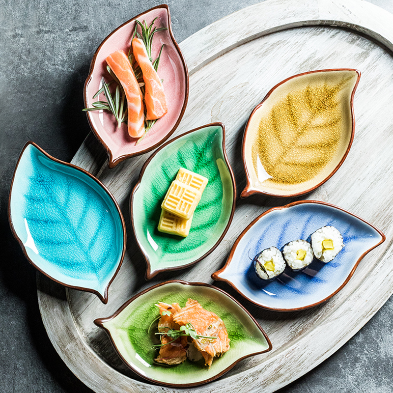 Creative Ice Cracked Ceramic Plate With Leaves Simple