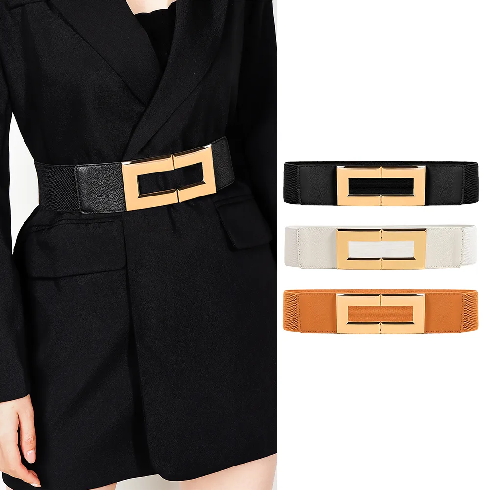 Women's Simple Temperament Elastic Wide Belt Metal Square Buckle
