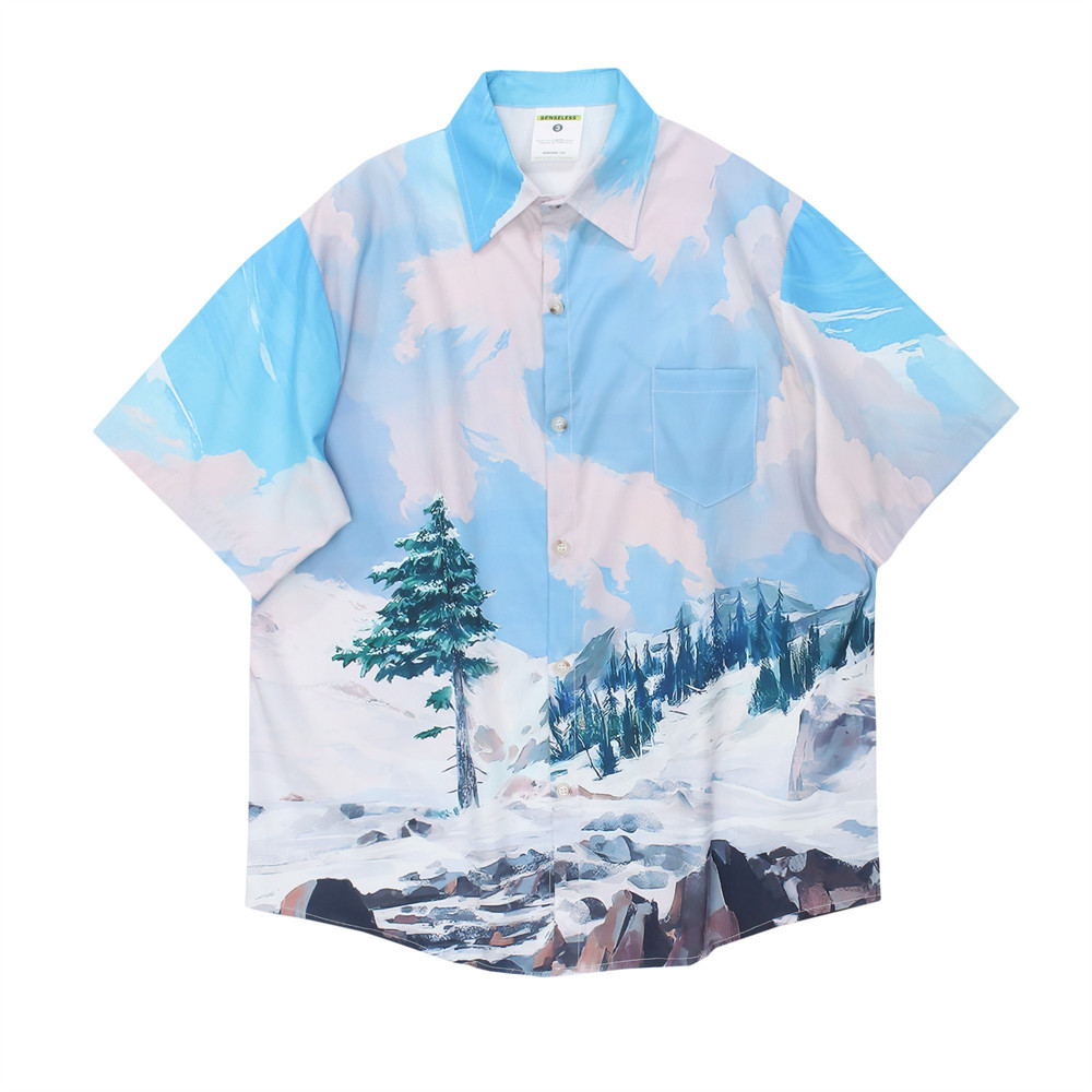 Landscape Print Short Sleeve Men's Loose Shirt