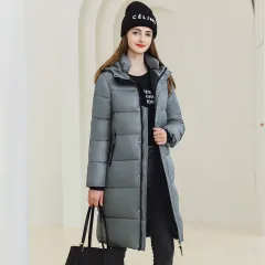 Winter Warm Hooded Coat With Pockets Fashion Simple Long Cotton Jacket Solid Color Outwear Women's Clothing - Grey - View 1