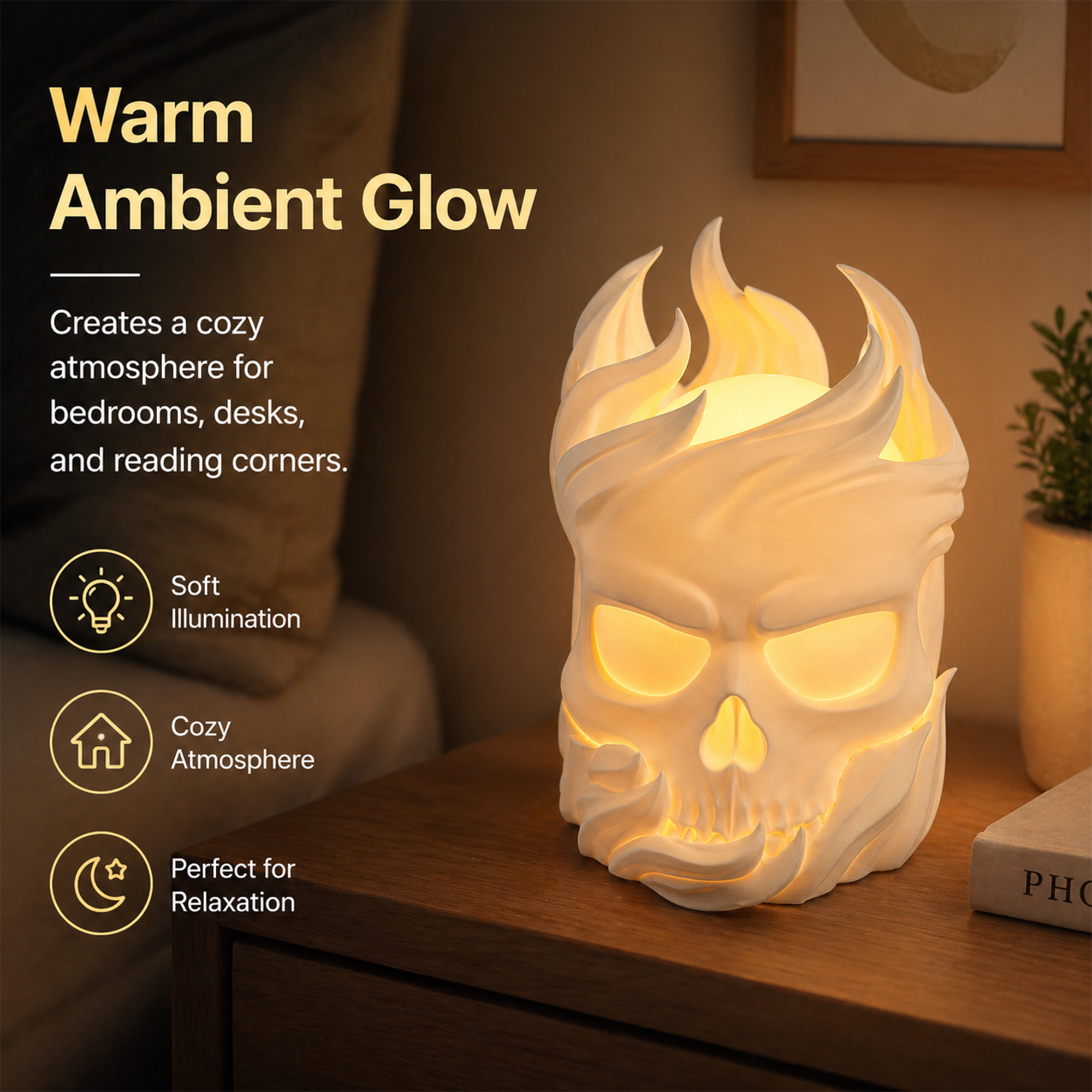 3D Printed Flame Skull Ambient Table Lamp, Warm Glow Decorative Night Light, Gothic Skull Desk Lamp For Bedroom Bookshelf Home Decor