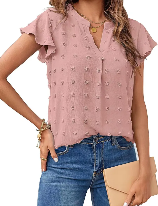 Women Summer V Neck Ruffle Short Sleeve Blouse Dot Flowy Shirt Top Pink - Shop at LoveMi