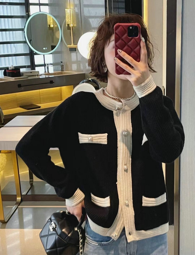 Contrast Color Single-breasted Knitted Cardigan Spring French Style Niche Sweater Coat