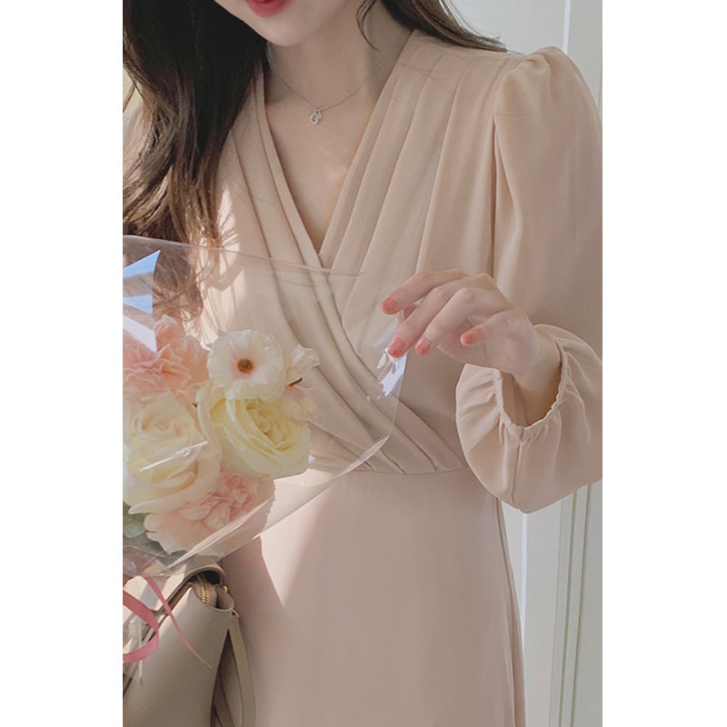 Elegant French Pleated Cross V-neck Waist Slim Dress