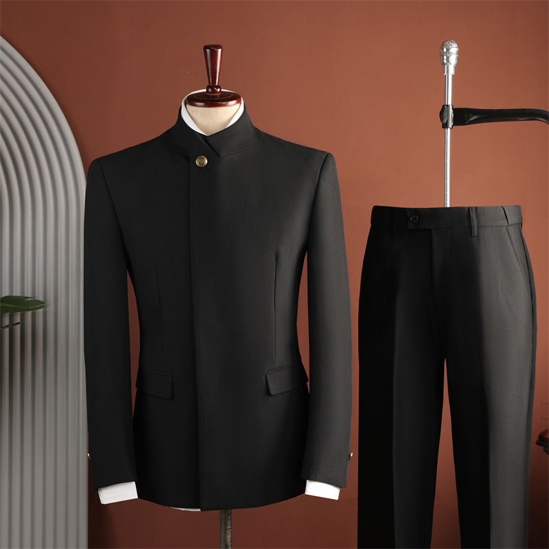 Men Black Mandarin Collar Two-Piece Suit